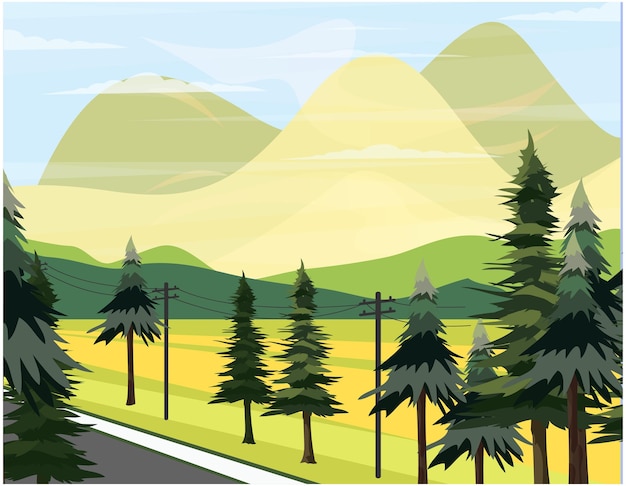 Camino a través de las montañas con campos