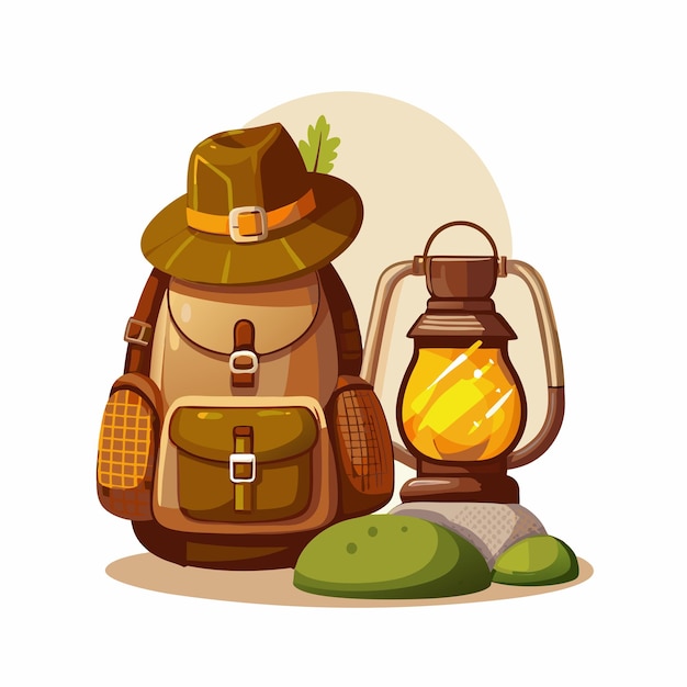 Camino turista mochila sombrero lámpara de queroseno ilustración vectorial estilo de dibujos animados concepto de viaje 14