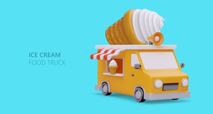 Vector camión 3d con megáfono y helado gigante en el techo tienda de dulces móvil clásica de verano