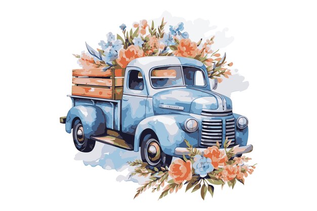 Vector camión de acuarela con flores vector
