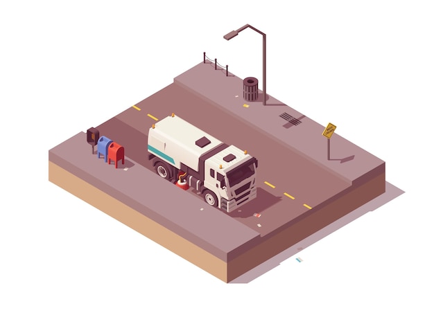 Vector camión barrendero isométrico limpiando la carretera. ilustración vectorial. colección