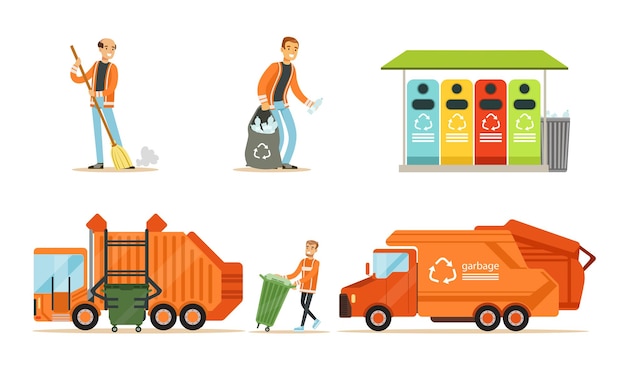 El camión de basura naranja y el hombre de la basura Conjunto de ilustraciones vectoriales