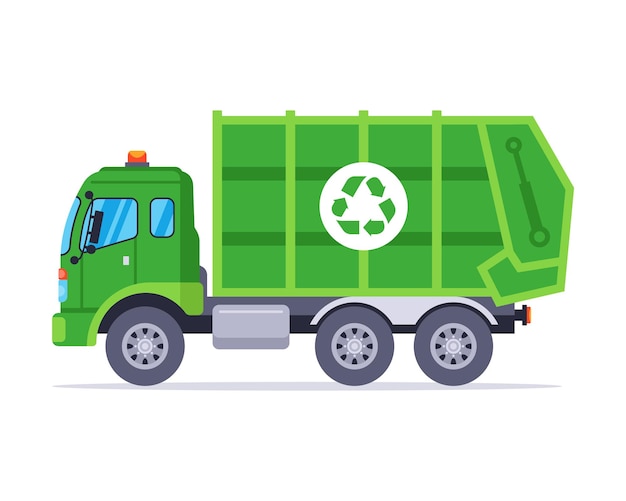 El camión de basura verde saca la basura de la ciudad.