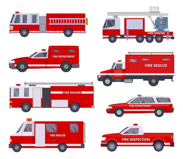 Camion de bomberos. Colección con servicio de iluminación del departamento de emergencias rojo van helicóptero vehículos vectoriales