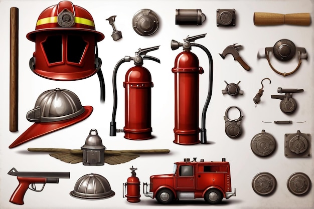Vector camión de bomberos con equipo personajes de bomberos con hidrante rojo de extintor de transporte de rescate