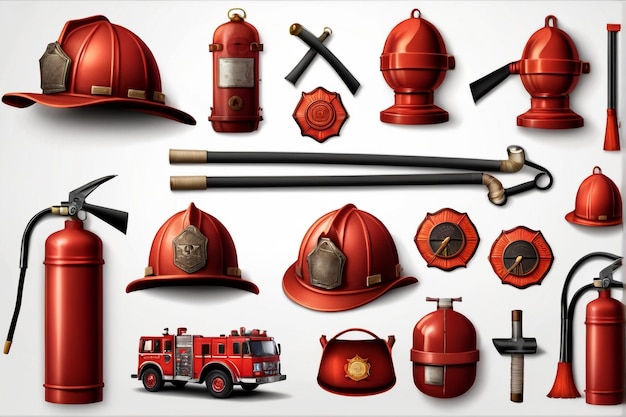Vector camión de bomberos con equipo personajes de bomberos con hidrante rojo de extintor de transporte de rescate
