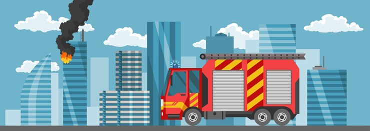 Vector camión de bomberos en el paisaje de la ciudad en estilo plano camión de bomberos plantilla de vehículo de bomberos de emergencia transporte rojo para extinción de incendios o elemento de diseño de extinción de incendios