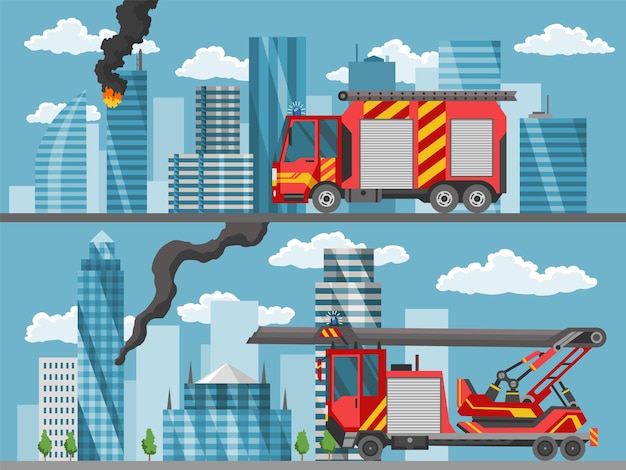 Camión de bomberos en el paisaje de la ciudad en estilo plano Camión de bomberos Plantilla de vehículo de bomberos de emergencia Transporte rojo para extinción de incendios o elemento de diseño de extinción de incendios