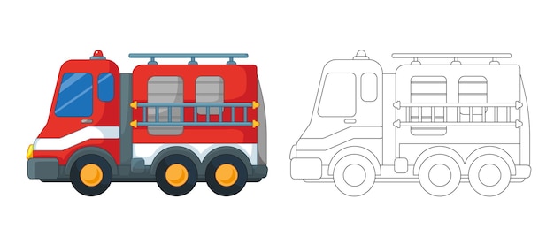 Camión de bomberos rojo con contorno y juego de libros para colorear vector  en estilo de dibujos animados imágenes prediseñadas divertidas aisladas |  Vector Premium