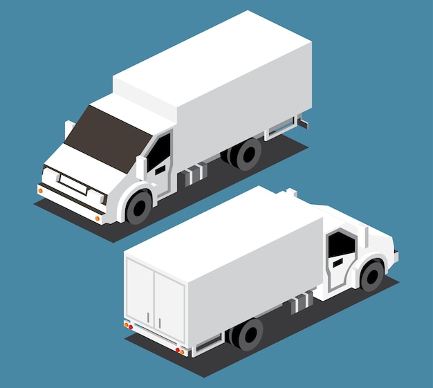 Camión de carga isométrica Logística de transporte comercial Objeto de ciudad 3D para infografía Coche para transporte y entrega de mercancías Vista frontal y posterior