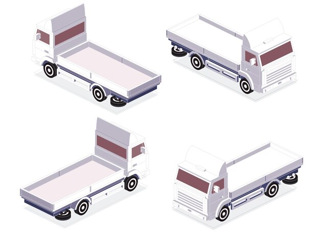 Vector camión de carga de superficie plana isométrica vista trasera y frontal logística de transporte comercial coche vacío para transporte de mercancías