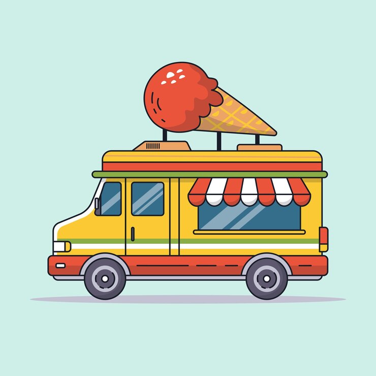 Vector camión de comida, autobús amarillo, venta, helado, vector