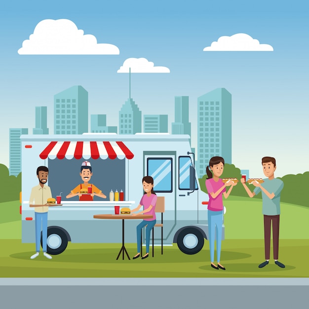 Camión de comida y clientes