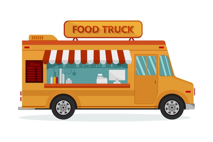 Vector camión de comida comida callejera cocina remolque van ilustración minivan restaurante servicio de entrega van
