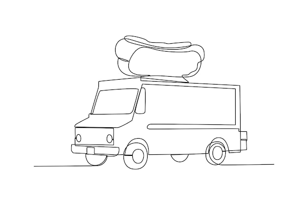 Camión de comida de dibujo de una sola línea con un icono de perrito caliente Concepto de camión de comida Dibujo de línea continua