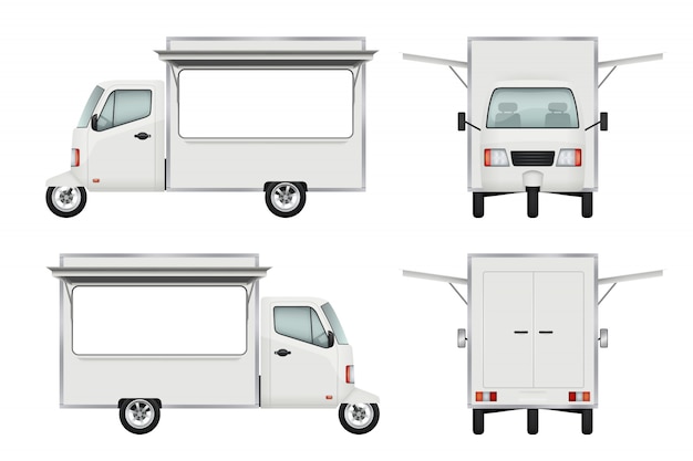 Camión de comida realista. Entrega de comida rápida moto transporte ventana abierta camión servicio de catering 3d s