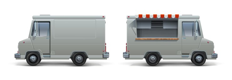 Vector camión de comida realista. pizza de helado y remolque blanco de comida callejera para identidad corporativa, cocina móvil sobre rueda con ventana abierta. vector conjunto aislado camión móvil expreso comer