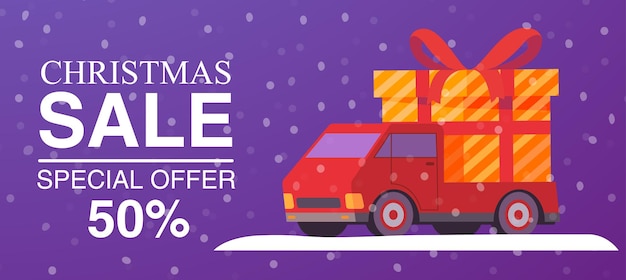 Camión de entrega de ventas de Navidad con caja de regalos con cinta roja Carteles de Navidad horizontales