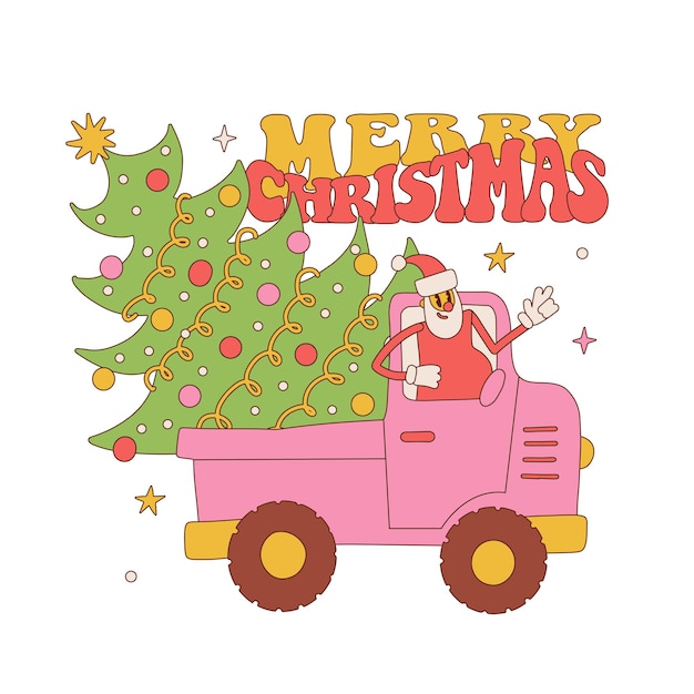 Camión groovy retro de navidad con personaje de santa claus que lleva abeto de árbol de navidad con ba decorativa