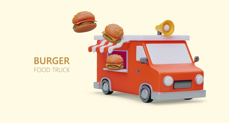 Vector camión de hamburguesas realista en 3d afiche colorido para empresa de comida callejera