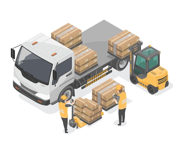 Camión mediano isométrico esperando recibir bienes o productos y una carretilla elevadora que transporta el producto