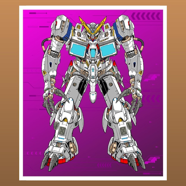 Camión móvil gundam combate mecha robot construido por cabeza brazo cuerpo pierna arma ilustración
