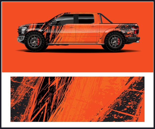 Un camión naranja y negro tiene un diseño negro y naranja.