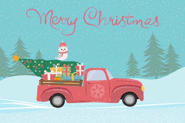 Camión de Navidad Ilustración vectorial de un camión rojo de Navidad con un árbol de Navidad y regalos