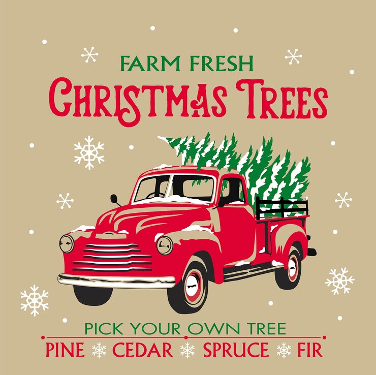 Vector camión, navidad, vendimia, camión rojo, patrón, con, árbol de navidad, navidad, vector, diseño