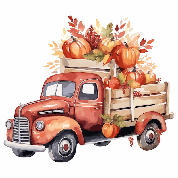 Vector camión de otoño calabaza acuarela clipart sobre fondo blanco