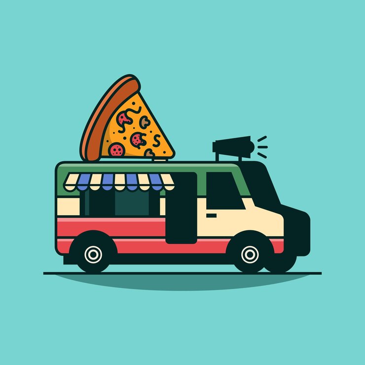 Vector camión de pizza van con ilustración de vector de pizza camión de comida móvil