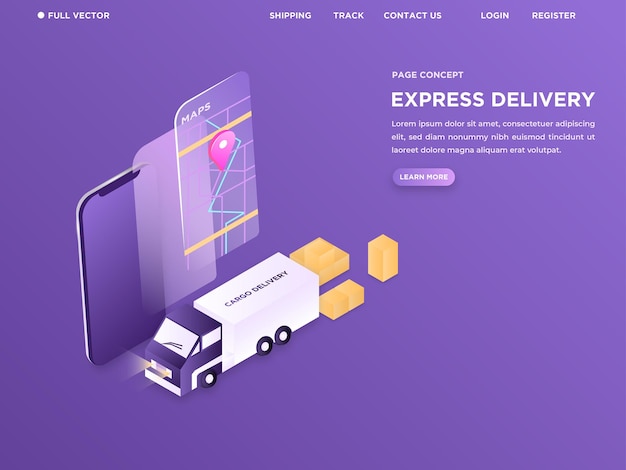 Camión que empaqueta las cajas utilizando un mapa en línea en una página de destino moderna para el sitio web de mensajería 3D isométrico