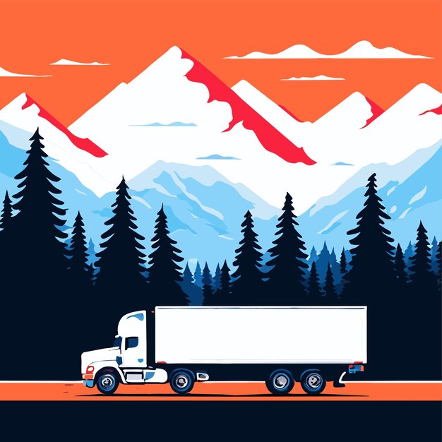 Vector un camión con un remolque blanco conduce por un camino con montañas en el fondo