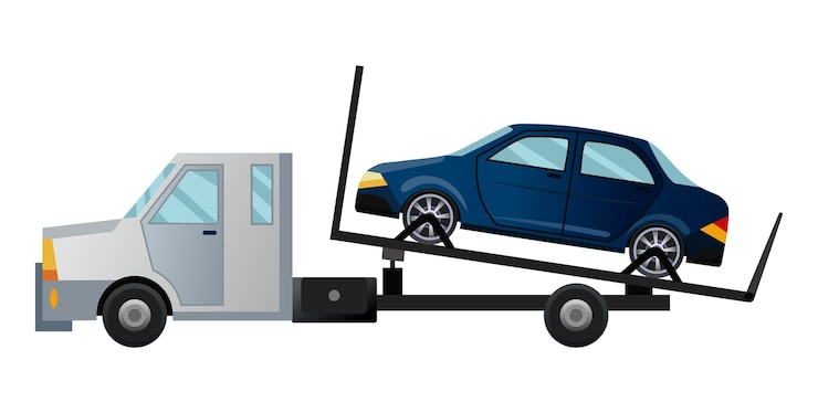 Vector camión de remolque. camión de remolque plano fresco con coche roto. vehículo de asistencia de servicio de reparación de automóviles de carretera con automóvil dañado o recuperado.