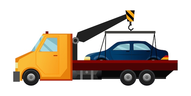 Vector camión de remolque. camión de remolque plano fresco con coche roto. vehículo de asistencia de servicio de reparación de automóviles de carretera