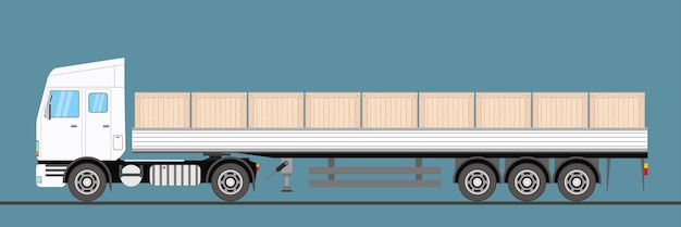 El camión remolque es un camión largo que transporta cajas de madera. Ilustración vectorial