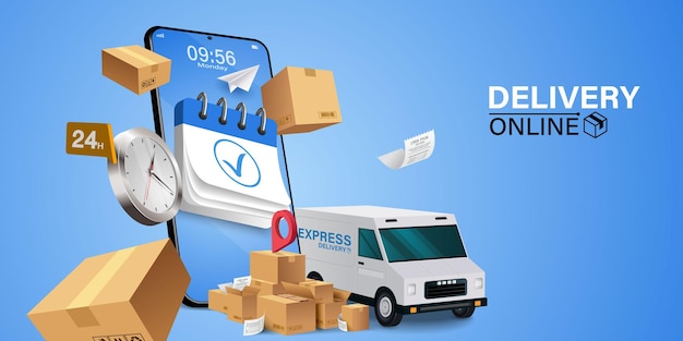 El camión de reparto de la aplicación de seguimiento de paquetes con caja de carga está en un teléfono móvil inspección de paquetes en línea