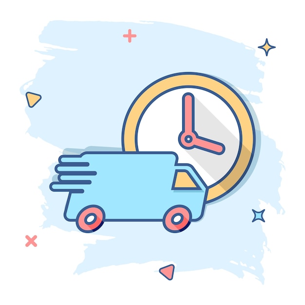 Camión de reparto de dibujos animados de vector icono de 24 horas en estilo cómico servicio de entrega rápida de 24 horas pictograma de ilustración de signo de envío Concepto de efecto de salpicadura de negocio de furgoneta de coche