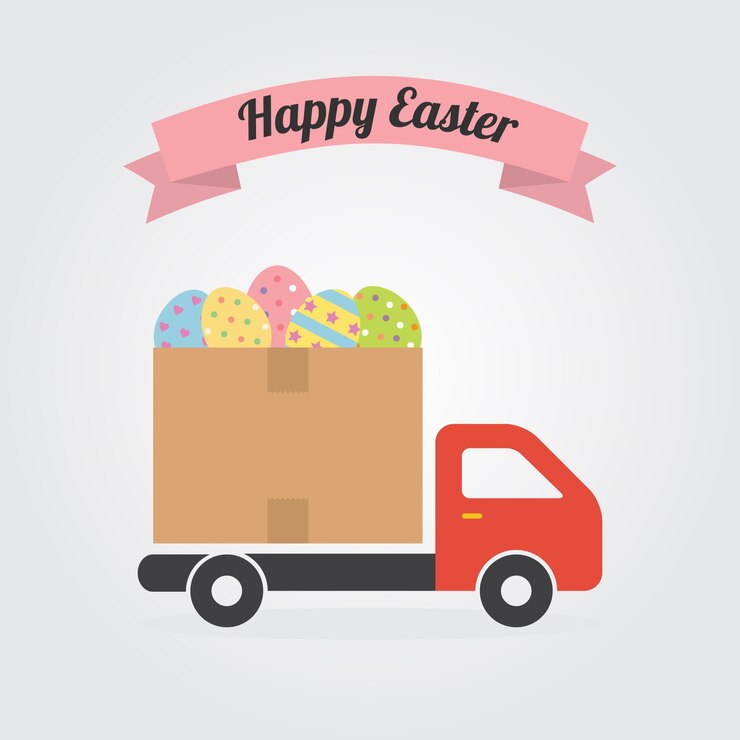 Camión de reparto con el ejemplo colorido del vector de los huevos de Pascua para el día de Pascua.