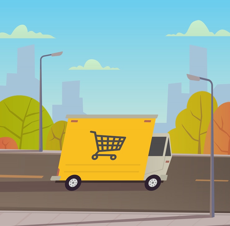 Vector camión de reparto con paisaje de la ciudad.