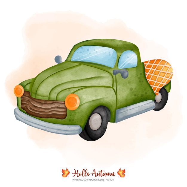 Vector camión retro coche retro vintage otoño o otoño decoración animal pintura digital ilustración de acuarelaxdxa