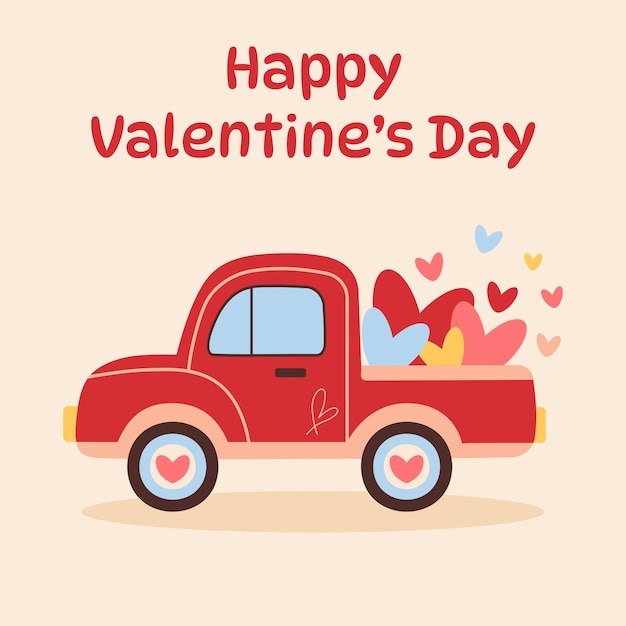 El camión rojo entrega corazones tarjeta de feliz día de san valentín carro retro de amor ilustración de vector plano de dibujos animados