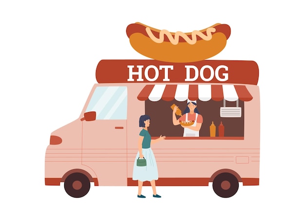 Camión rosa de comida callejera con instalación de perritos calientes en el techo en ilustración vectorial plana aislada en blanco Personaje de dibujos animados femenino cocinando vendiendo comida rápida de la furgoneta al cliente en el festival de comida callejera