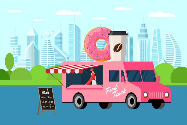 Camión rosa de comida rápida con donut del parque de la ciudad al aire libre de panadero y taza de papel de café en el donut del techo de la camioneta