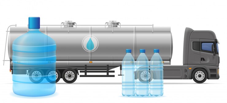 Vector camión semi remolque de entrega y transporte de agua purificada concepto vector ilustración