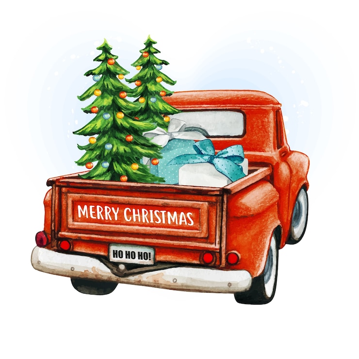 Vector camión vintage de navidad rojo acuarela con árboles y regalos