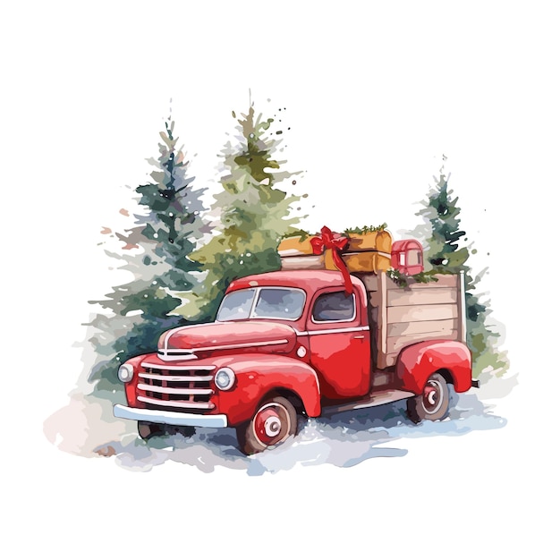 Vector camión vintage navideño rojo acuarela con árboles y fondo de camión de reparto de regalos