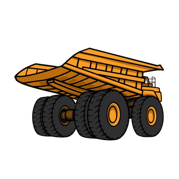 Camión volquete de servicios de cantera en mina a cielo abierto. Ilustración de dibujos animados de vector de camión volquete amarillo.