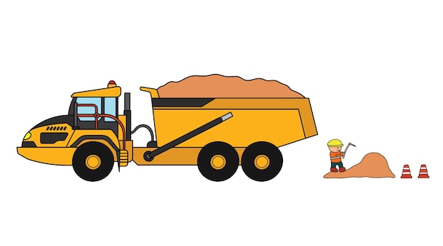 Camión volquete de transporte articulado de construcción de ilustración vectorial con trabajador de la construcción