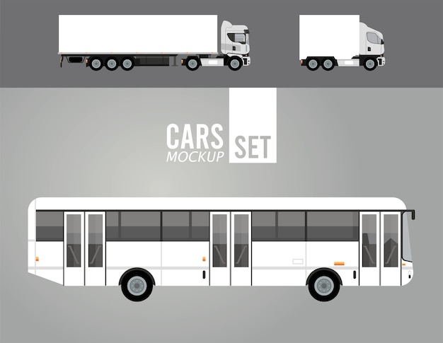 Camiones blancos y vehículos de maquetas de autobuses.